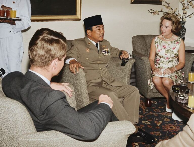 Foto Sejarah Presiden Soekarno menerima kunjungan Jaksa Agung Amerika Serikat, Robert F. Kennedy, bersama istrinya, Nyonya Ethel Kennedy, di Istana Merdeka, Jakarta, pada Februari 1962
